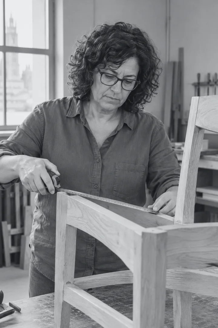 Nuria Bascones mide con un flexómetro el bastidor de roble de un asiento en el taller